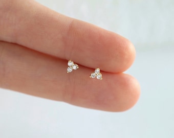 Three cz stud earrings- Tiny cz gold studs - Dainty gold earrings - Tragus cartilage earring - Diamond cz studs - Tiny gold studs