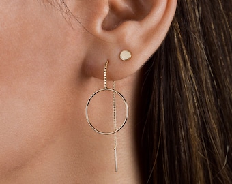 Circle threader earrings - Gold threader earrings - Gold ear threaders - Long chain earring - Delicate earrings - Dainty gold earrings