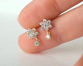 Flower dangle studs - Dainty flower studs - Sterling silver stud earrings - Minimalist earrings - Star dangle earrings - CZ dainty earrings