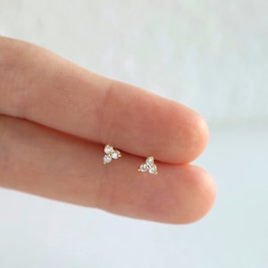 Three cz stud earrings- Tiny cz gold studs - Dainty gold earrings - Tragus cartilage earring - Diamond cz studs - Tiny gold studs
