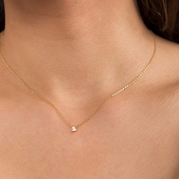 Kubische Zirkonia Solitär Diamant Halskette - Krappenfassung - 925 Sterling Silber Halskette - Gold zierliche Halskette - Minimalistische Halskette