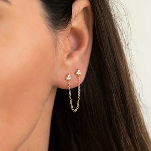 Double stud earring with chain - Gold chain earrings - Chain stud earring - Flower stud earrings - Double piercing earring - Sterling Silver