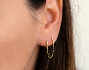 Double hoop earring with chain - Sterling silver chain hoops - Gold chain hoop earrings - Second hole earrings - Double piercing earring