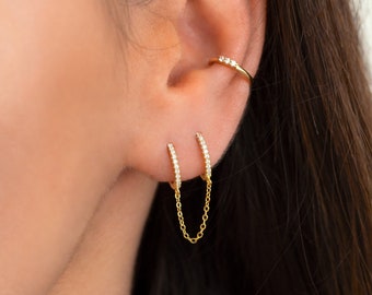 Dainty sterling silver double huggie hoop earrings - Gold chain hoops - Sparkly CZ diamond huggie chain earring in gold and sterling silver