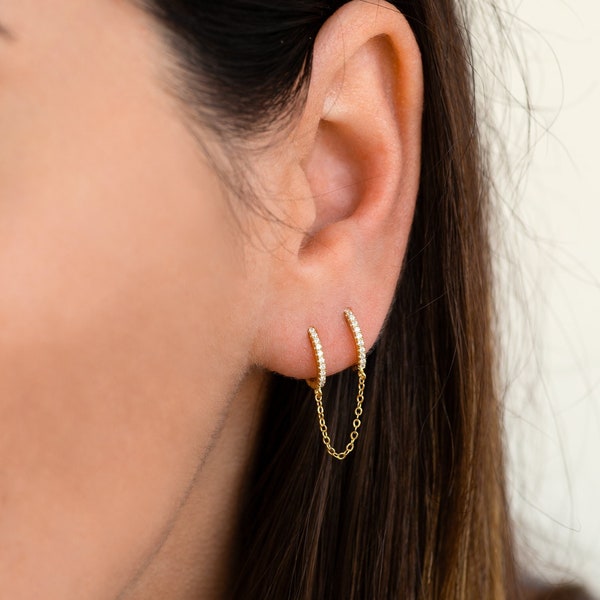 Double hoop earring with chain - Sterling silver chain hoops - Gold chain hoop earrings - Second hole earrings - Double piercing earring
