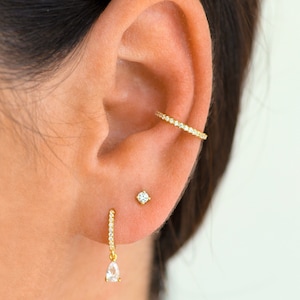 Boucles d'oreilles délicates en or - Argent sterling 925 - Sans piercing - Boucles d'oreilles fines cz - CZ conque - Boucles d'oreilles délicates diamant cz