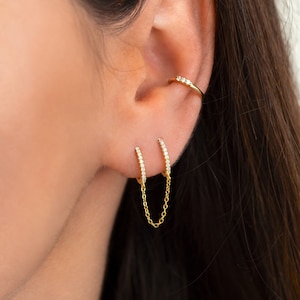 Dainty sterling silver double huggie hoop earrings - Gold chain hoops - Sparkly CZ diamond huggie chain earring in gold and sterling silver