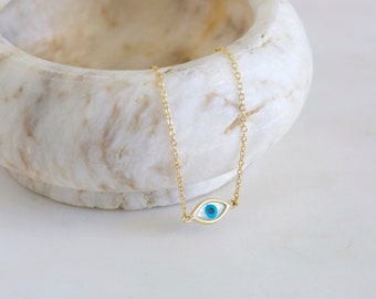 Gold evil eye necklace - Dainty tiny evil eye necklace - Sterling silver necklace - Simple necklace - Minimalist necklace - Blue evil eye