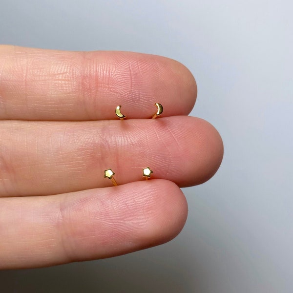 2mm teeny tiny star studs - Sterling silver moon studs - Tiny star earrings - Dainty gold studs - Tiny gold earrings - Simple everyday studs