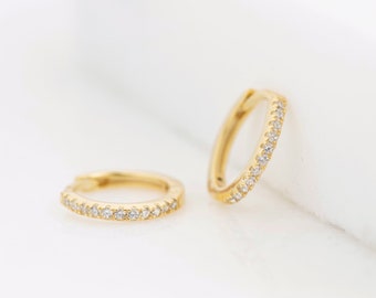 Tiny CZ huggie hoop earrings - Tiny hoop earrings - Cartilage hoops - Helix hoop - Gold huggie earrings - Gold hoop earrings - Tragus hoop
