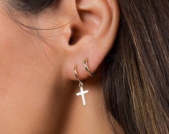 Tiny Cross Hoops In Sterling Silver - Gold Cross Huggie Hoop...