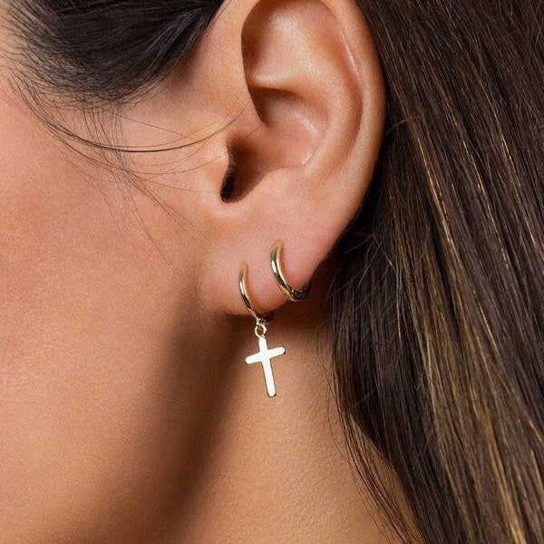 Cross huggie hoops - Sterling silver cross hoop earrings - Dainty hoop earrings - Huggie earrings - Gold hoop earrings - Tiny hoop earrings