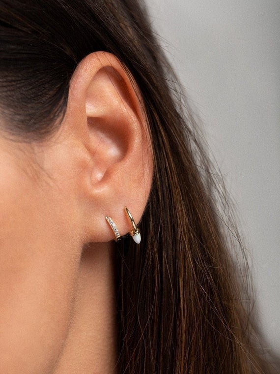 Opal Spike Hoops Tiny Hoop Earrings Gold Huggie Earrings - Etsy