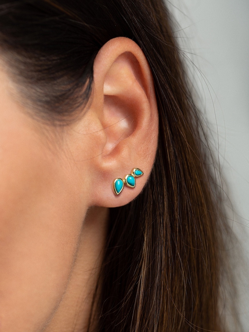 Turquoise earrings - Turquoise ear climbers - Turquoise gold earrings - Dainty earrings - Tiny earrings - Dainty gold earrings - Ear crawler image 1