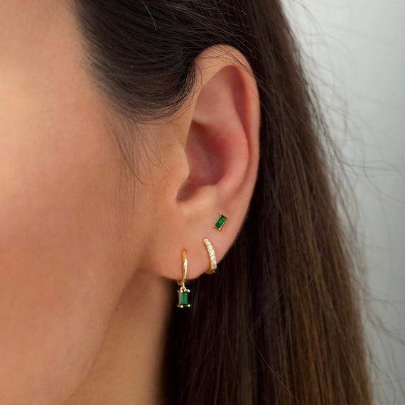 Green Emerald Hoops Emerald Huggies Small Hoop Earrings Huggie