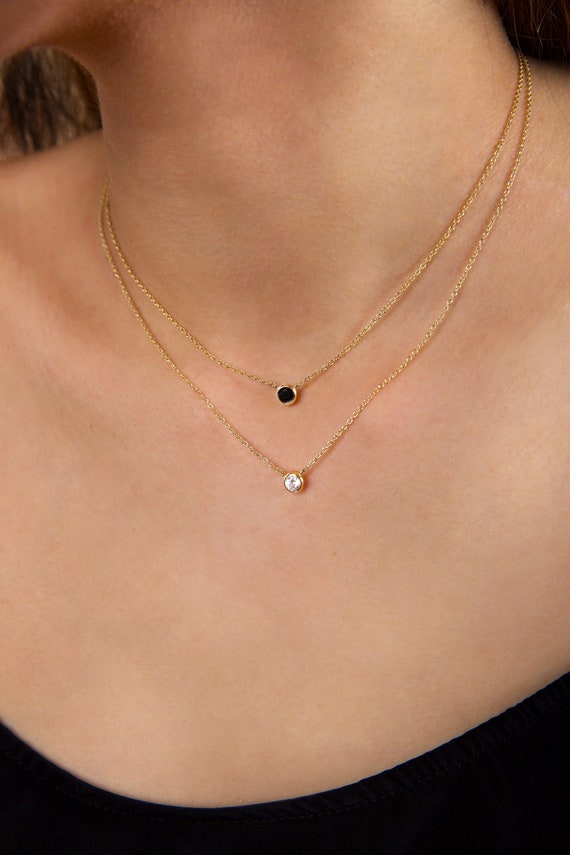 Delicate Cz Necklace Black Stone Necklace Tiny Diamond Necklace