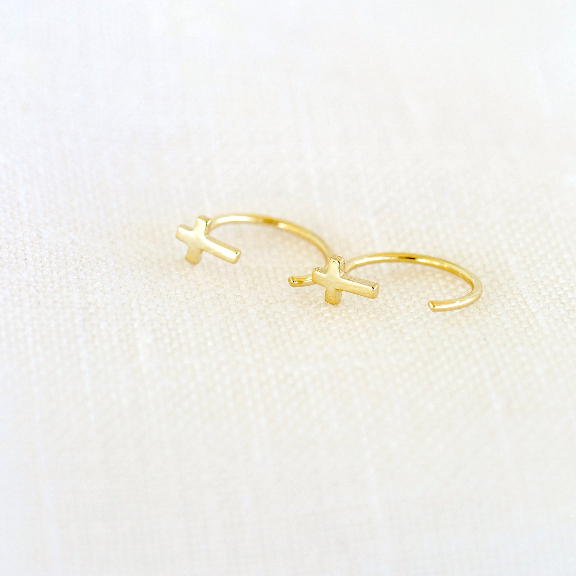 Tiny Cross Open Huggie Earrings Cross Open Hoops Tiny Hug - Etsy