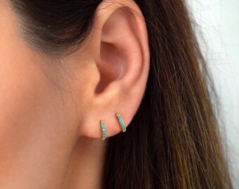 Tiny turquoise hoops - Turquoise stone huggie earrings - Huggie hoops - Turquoise huggie hoop earrings - Tragus - Gold cartilage hoops