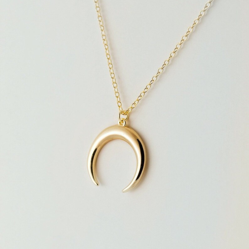 Puede incluir: Un collar de oro con un colgante de media luna y una cadena delicada.