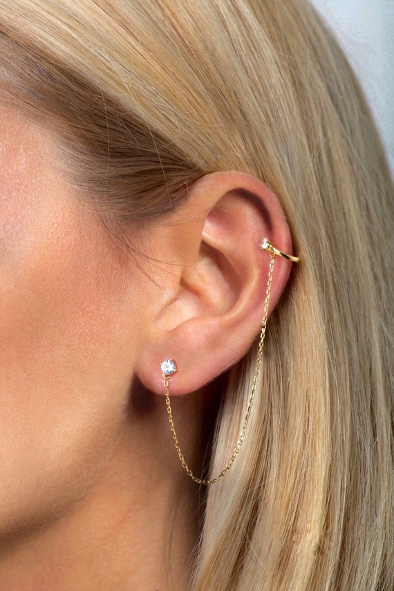 925 Sterling Silver Chain Connected CZ Stud With Faux Cartilage Conch Hoop - Single Piece 925 Sterling Silver Chain Connected CZ Stud With Faux Cartilage Conch Hoop - Single Piece