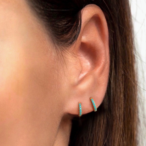 Tiny Turquoise Hoops Turquoise Stone Huggie Earrings - Etsy
