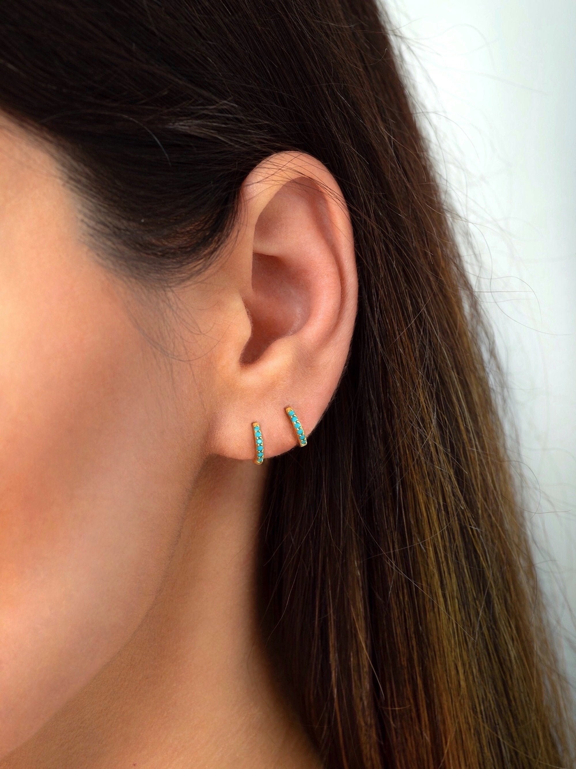 Tiny Turquoise Hoops Turquoise Stone Huggie Earrings - Etsy