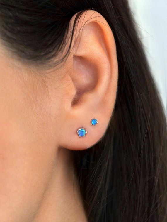 Blue Opal Stud Earrings in Sterling Silver Blue Opal Studs