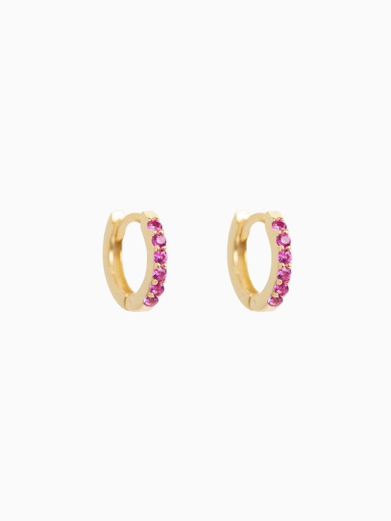 Ruby pink cz small hoop earrings Huggie hoop earrings Mini hoop earrings Dainty hoops Huggie earrings Tiny gold hoop earrings