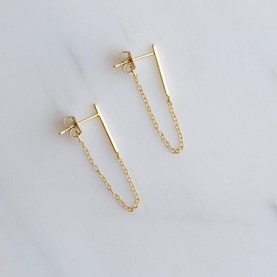 Thin Bar Chain Earrings Sterling Silver Chain Earrings Gold Bar Earrings Dainty Earrings Tiny Gold Earrings Short Chain Earrings Etsy