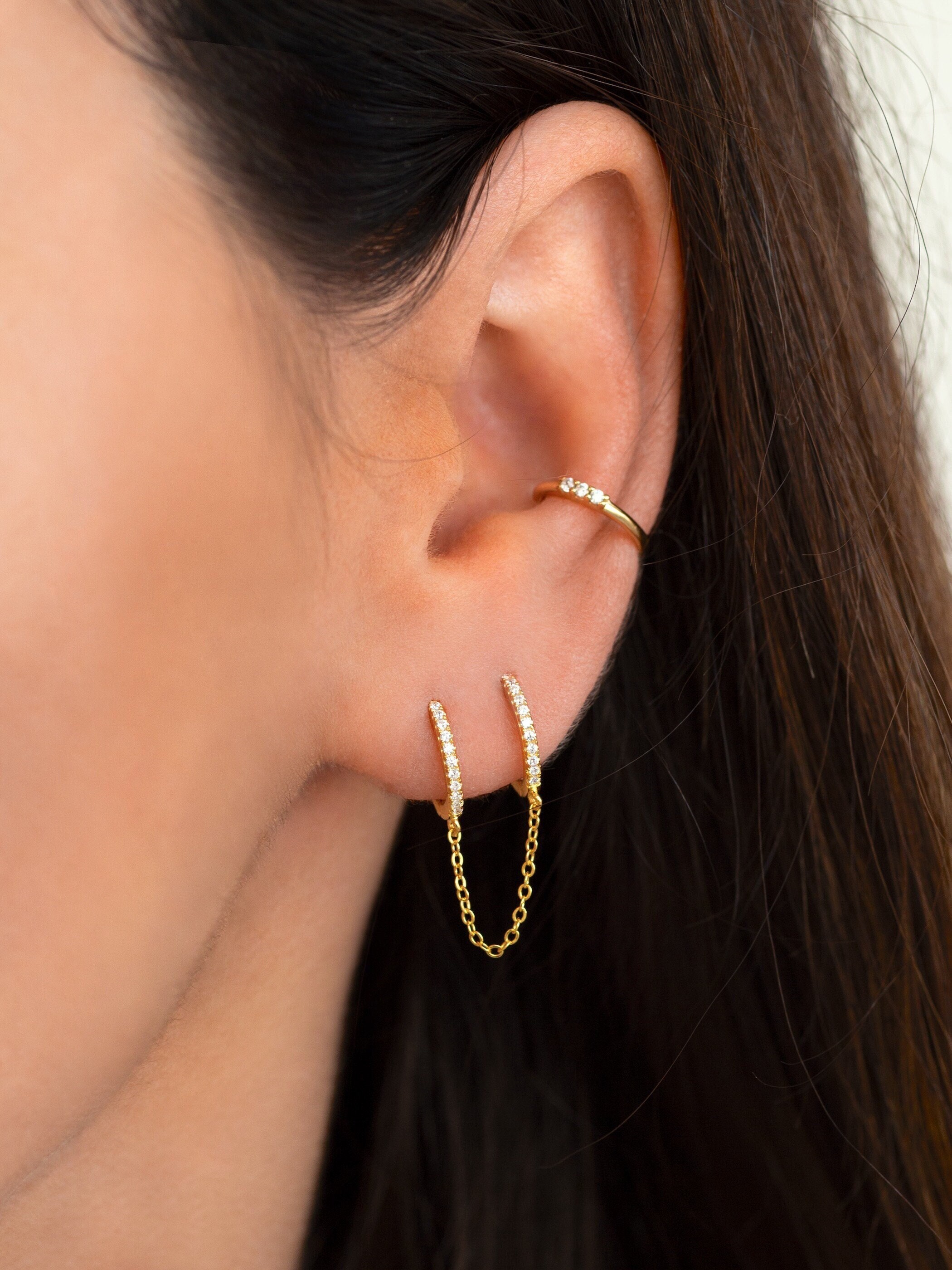 Ear Cuff with Hoops Attached for A Double Pierced Look .925 Sterling Silver Small Hoop Earrings Gold