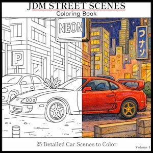 JDM Street Car målarbok | 25 japanska scener (digital nedladdning)