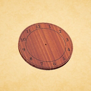 May include: A wooden circular game board with numbers 1 through 12 printed around the edge.