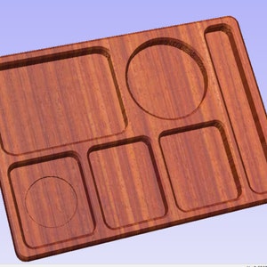 May include: A wooden serving tray with five compartments. The tray is made of dark wood with a natural grain pattern. The compartments are of various sizes and shapes, including a round compartment, a square compartment, and a long rectangular compartment.