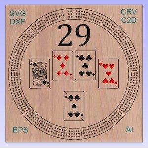 CNC SVG for round 3 track cribbage board, perfect hand, 29 includes svg, dxf, crv, c2d, eps, ai files