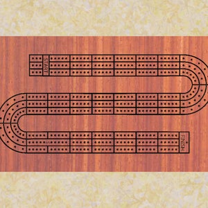 May include: A wooden cribbage board with a brown stain. The board has two tracks for scoring points, one labelled "START" and the other labelled "FINISH".