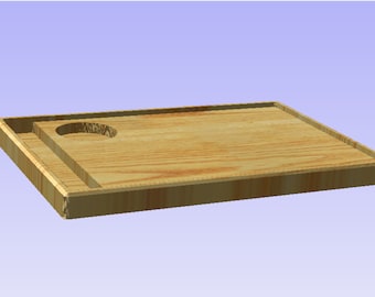 May include: A wooden serving tray with a small circular cutout in the center. The tray has a light brown wood grain and a raised edge.