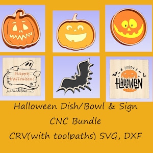 Halloween themed cnc files. Bowls, dishes, signs, pumpkin, bat, ghost, jack-o-lantern. crv files, toolpaths, svg, dxf. Happy Halloween.