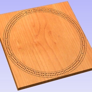 May include: A wooden cribbage board with a circular playing area and a dark brown stain. The board has a natural wood grain pattern.