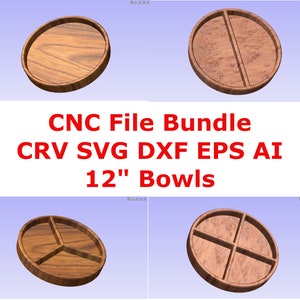 Puede incluir: Cuatro cuencos de madera con diferentes números de secciones. Los cuencos tienen un diámetro de 30,5 cm y están hechos de madera con un acabado natural. Los cuencos son perfectos para servir aperitivos, salsas u otros artículos pequeños. CNC File Bundle CRV SVG DXF EPS AI 12" Bowls