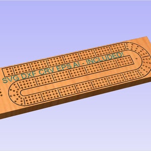Puede incluir: Un tablero de cribbage de madera con una pista en forma de U para las fichas. El tablero tiene un tinte marrón y está marcado con el texto "SVG DXF CRV EPS AI - INCLUDED!"
