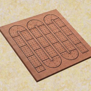 May include: A wooden game board with three winding tracks, each with a series of holes. The board is made of light brown wood and the tracks are black.
