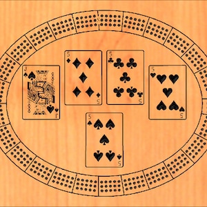 May include: A wooden cribbage board with a circular track and a scoring area.  The board has four playing cards on it: a Jack of Spades, a 5 of Diamonds, a 5 of Clubs, a 5 of Hearts, and a 5 of Spades.