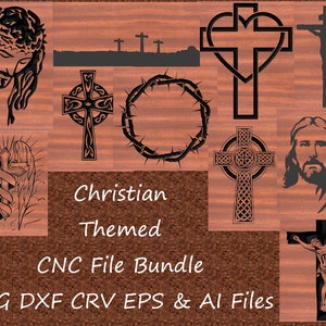 May include: A digital download bundle of Christian themed CNC files. The bundle includes SVG, DXF, CRV, EPS, and AI files. The images include a cross with wings, a crown of thorns, a Celtic cross, a heart-shaped cross, a cross with a heart, and a silhouette of Jesus.
