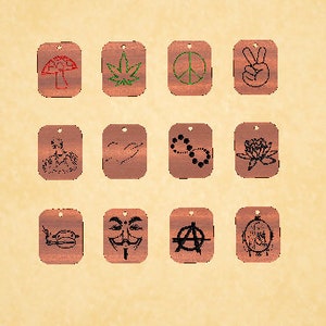 May include: Set of 16 copper-colored metal charms with various designs, including a mushroom, a marijuana leaf, a peace sign, a bunny rabbit, a snake, a dove, an infinity symbol, a flower, a turtle, a skull, an anarchy symbol, and a bird.