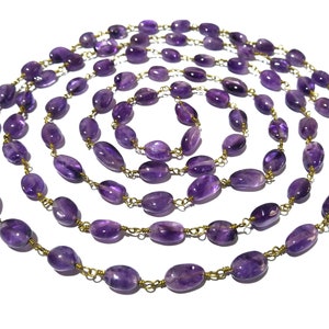 3 Feet Natural Amethyst Oval Smooth 4x6-5x7mm/5x7-6x9mm/6x9-7x10mm Beads, Amethyst Oval Rosary Beaded Chain Gold Plated Wire, Oval Chain