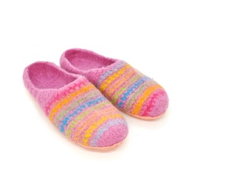 Gr.36+ - felt slippers, barefoot shoes, pink multi-coloured, super comfortable slippers, extra non-slip