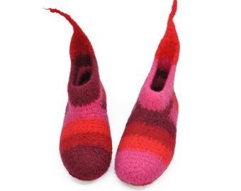 Size 40 - felt slippers, barefoot shoes, crazy red tones, ankle warm, super comfortable slippers, extra non-slip