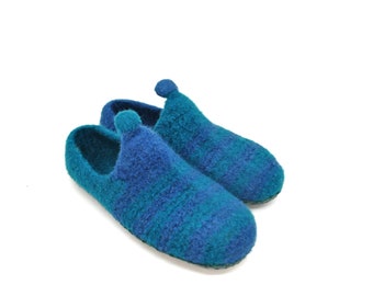Felt slippers, size. 38, barefoot shoes, emerald-petrol stripes, super comfortable slippers, extra non-slip