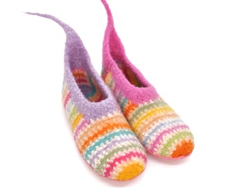 Size 39 - felt slippers, barefoot shoes, crazy color arrangement, cheerfully colorful stripes, ankle warm, super comfortable slippers, extra non-slip