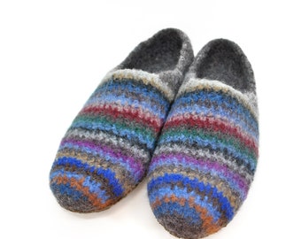 Size 48 - felt slippers, barefoot shoes, dark colored stripes, super comfortable slippers, extra non-slip